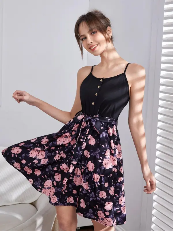 Women's Floral Print Belted Ruffle Hem Cami Dress, Elegant Adjustable Spaghetti Strap Fake Button Design A Line Cinched Waist Cami Dress for Vacation Holiday Wedding Guest, Ladies Clothes for All Seasons 4
