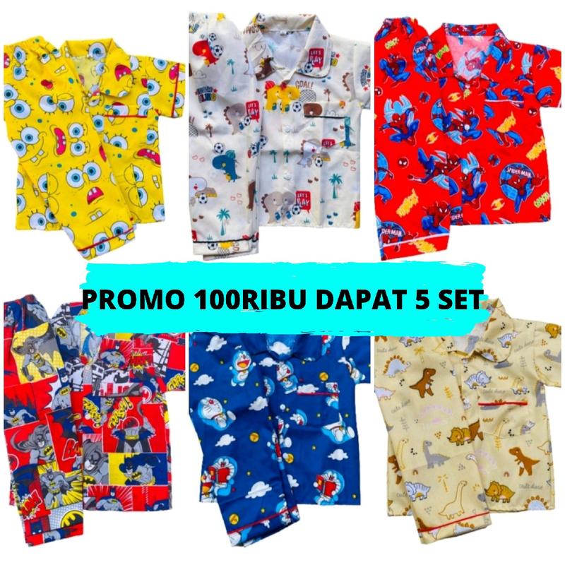 PROMO PIYAMA ANAK JUNIOR USIA 6-12 TAHUN 100 RIBU DAPAT 5 SETELAN MOTIF COWO 0