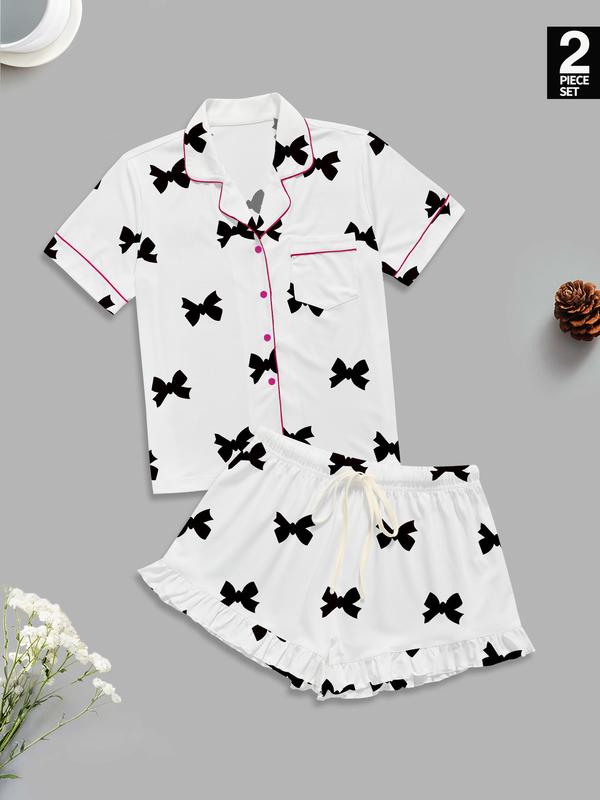Women's Bow Print Lapel Shirt & Shorts Pyjama Set, Casual Comfy Short Sleeve Pocket Top & Shorts Set, Ladies Sleepwear for All Seasons 8