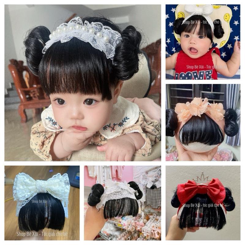 [50 mẫu- Tóc đen] Turban tóc giả cho bé, tóc giả bé gái, tóc giả cho bé sơ sinh - DN