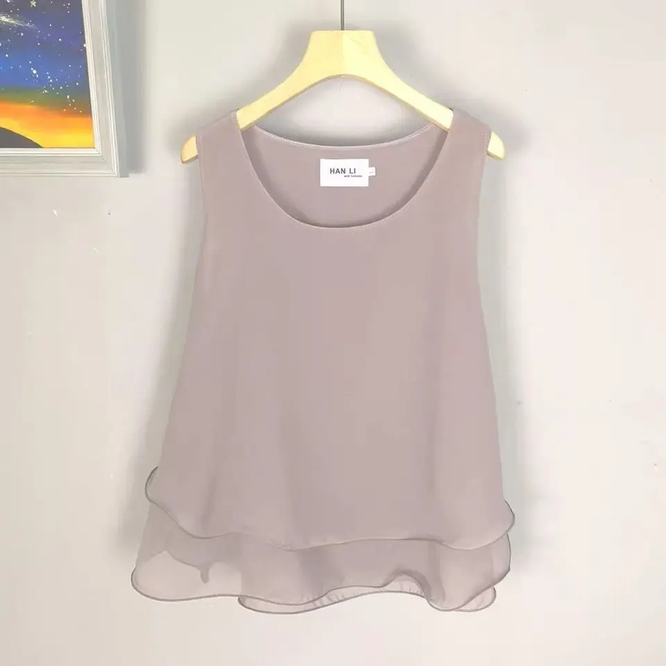 Áo Vest Voan, Dành Cho Phụ Nữ Vào Mùa Hè, Hai Lớp, Màu Trơn Thiết Kế Xếp Nhún Chữ A, Phong Cách Hàn Quốc Mới, Áo Ngắn, 2024 Có Sẵn Mặc Ngoài Trời