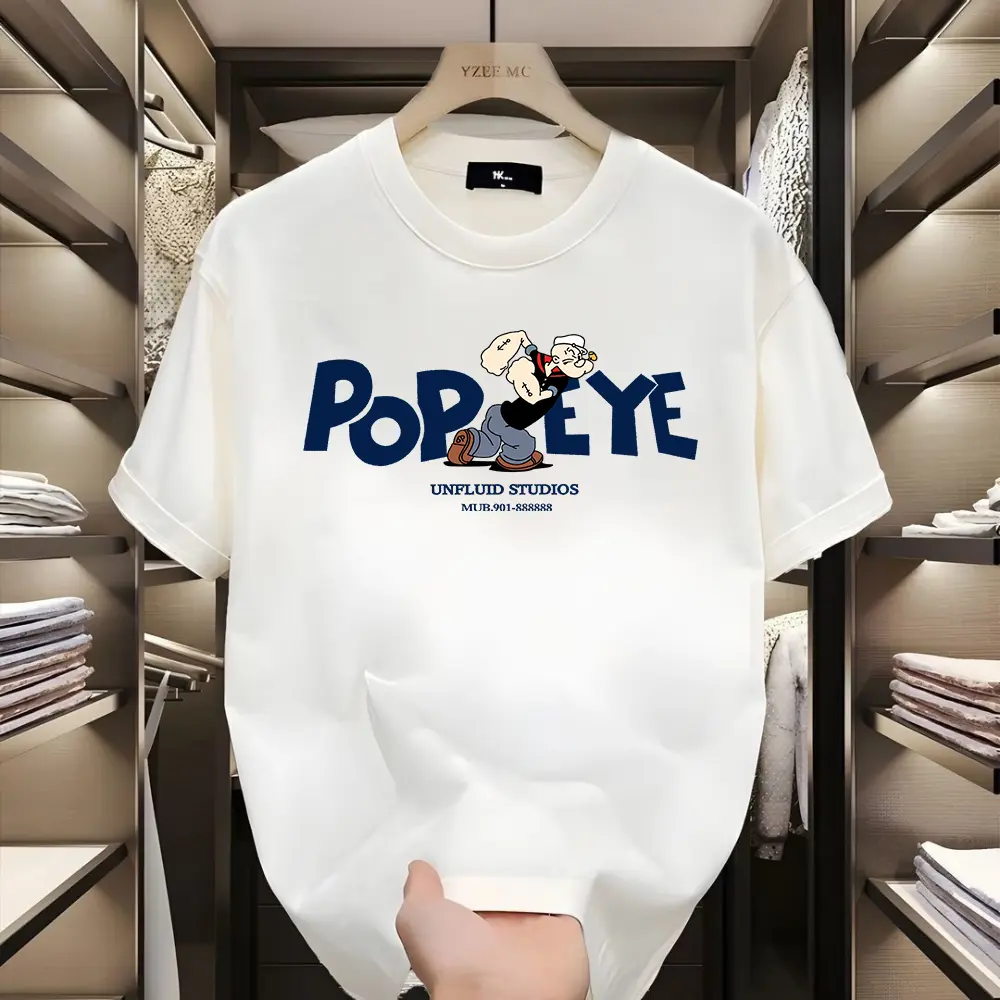 Kaos lengan pendek longgar kasual motif Popeye 100% katun untuk pria