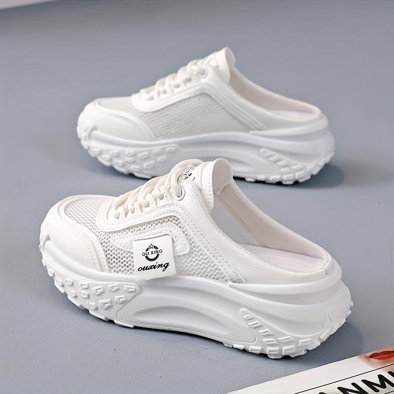 Product Introduction of Women's Breathable Mesh Slip-On Sneakers - Casual Lace-Up, Mid-Heel, Summer Fashion Shoes with Round Toe & TPU Sole, Outdoor, Half Slip-on, Leisure Style 5