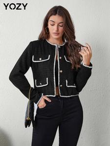 YOZY Women's Contrast Binding Button Front Flap Detail Blazer, Chic Casual Long Sleeve Round Neck Outerwear for Fall, Ladies Clothes for Daily Wear