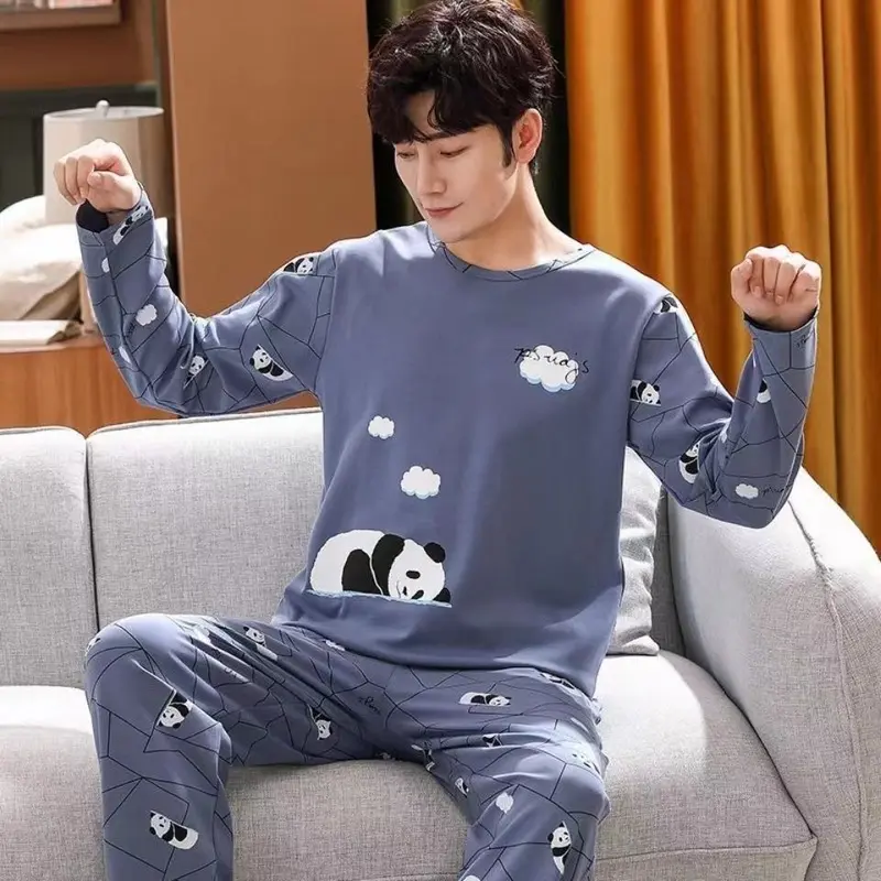 Đồ Ngủ Nam Có Thể Mặc Cho Tất Cả Các Mùa, Quần Áo Dài Tay Cho Mùa Xuân Và Mùa Thu, Áo Chui Đầu Thanh Niên Mới, Quần Áo Gia Đình Ngoại Cỡ, Bộ Đồ 1