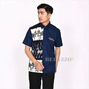 Kemeja Pria - BELAZZO Kemeja Navy A Series Tenun Etnik Sumba Mix Katun Premium Fit Panjang Pendek
