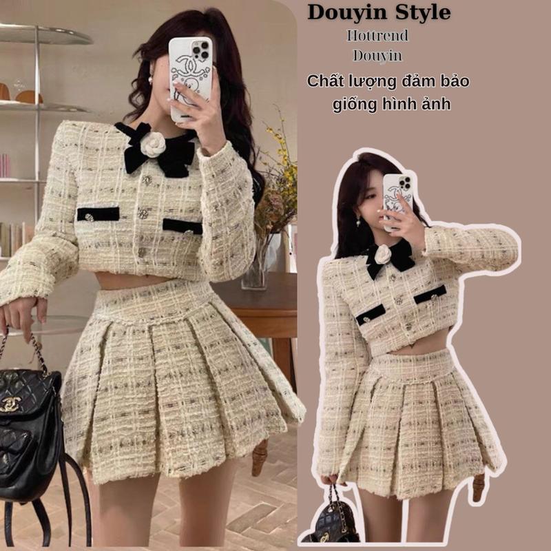 Set Dạ Tweed Tay Dài Thanh Lịch, Áo Khoác Croptop Tweed Kèm Chân Váy Dạ Xếp Ly Phong Cách Tiểu Thư Hàn Quốc