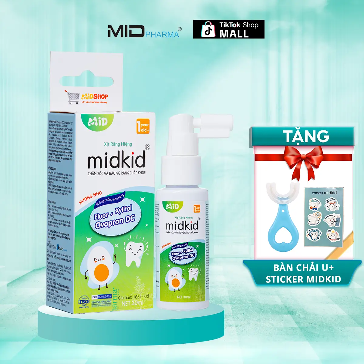 Xịt Chống Sâu Răng Midkid Chính Hãng Vị Nho 30Ml, Vị Táo 20Ml Cho Bé Từ 1 Tuổi Giúp Làm Sạch Và Bảo Vệ Răng Miệng Trẻ - Tặng Bàn Chải U + Sticker