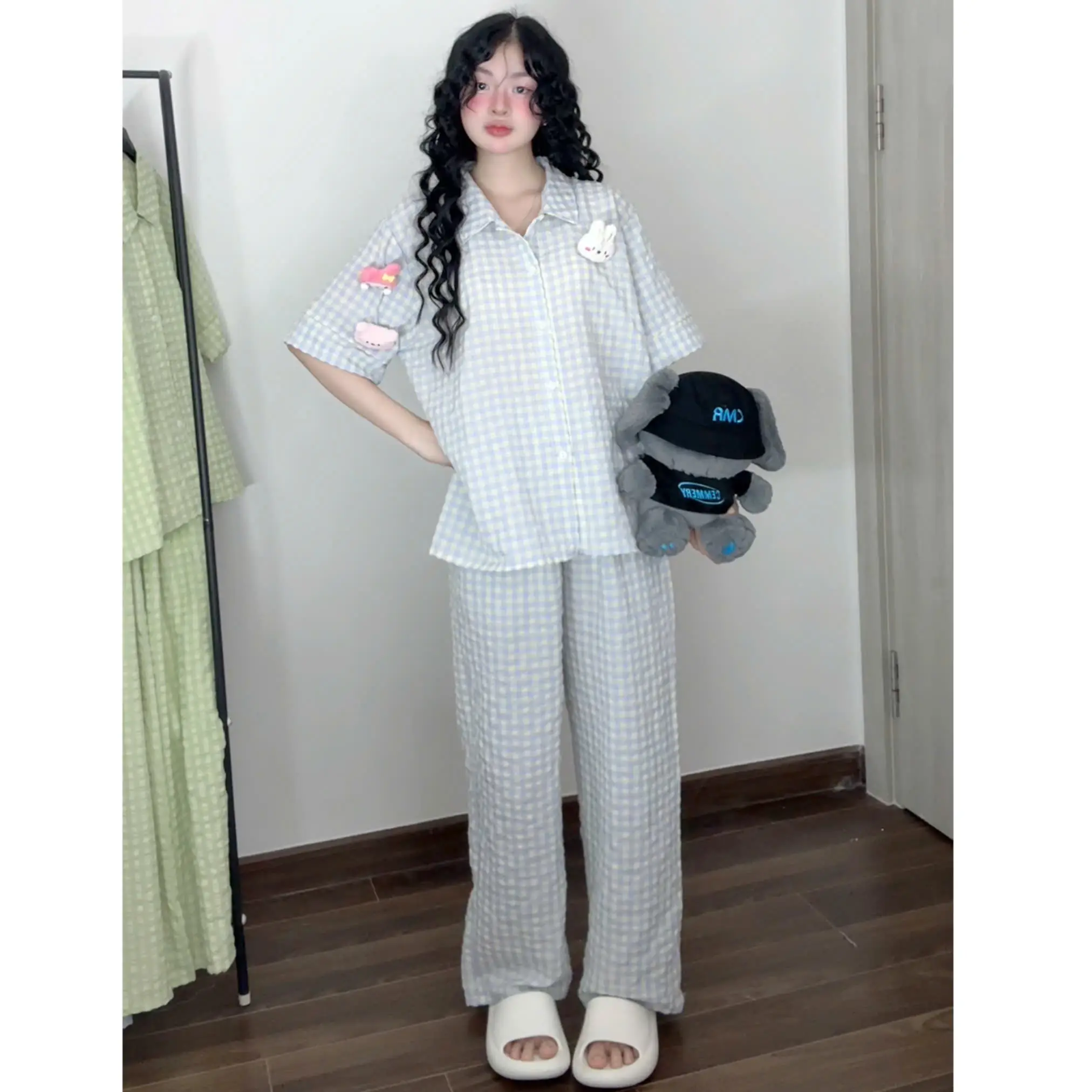 Kozoda Women Đồ ngủ kiểu nữ BN5 chất cotton mây dáng dài họa tiết kẻ ô vuông form rộng đồ bộ nữ mặc ở nhà bốn mùa 12 màu Hàn Quốc size S & M thoải mái dễ chịu