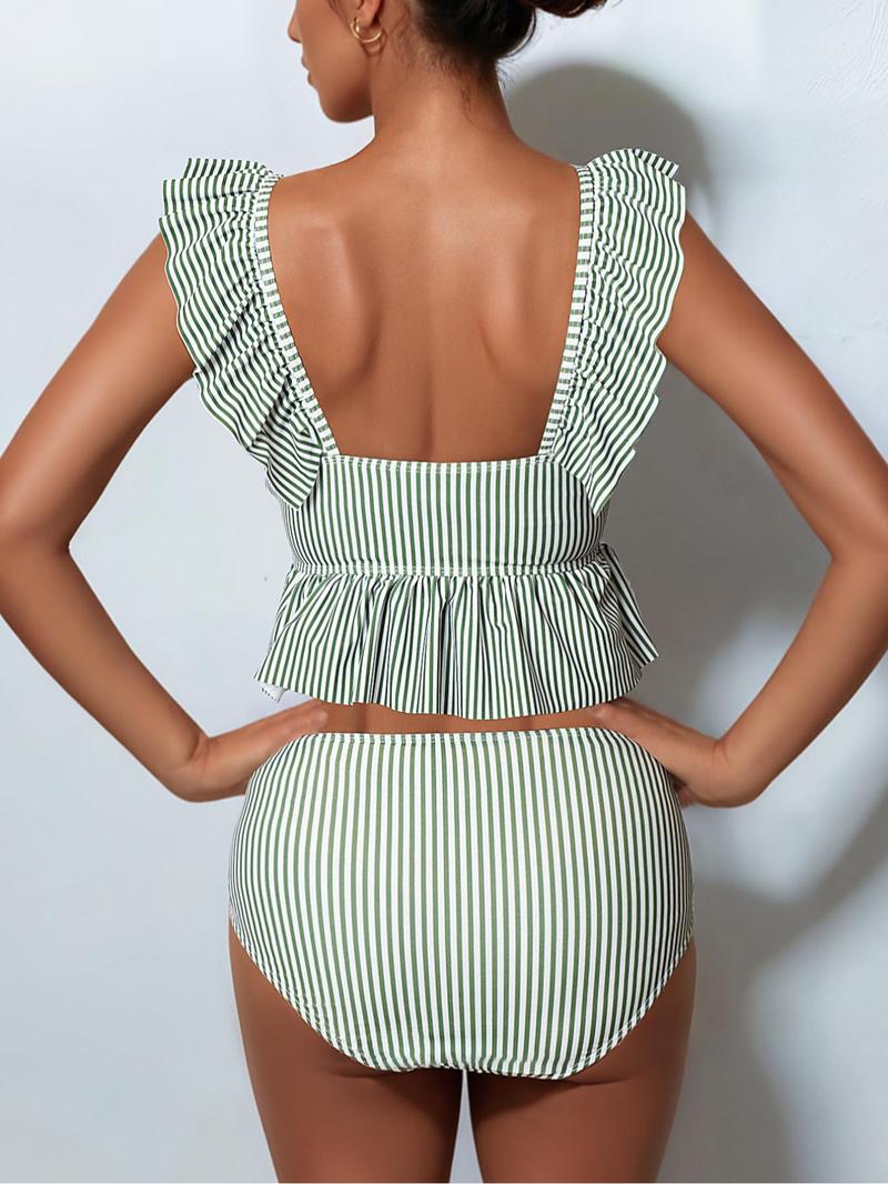 Product Introduction of Women's Striped Print Tankini Set, Casual Flounce Sleeve Swim Top & Swim Bottom Two-piece Swimsuit for Summer, Fashion Women's Swimwear for Beach Holiday Vacation 2