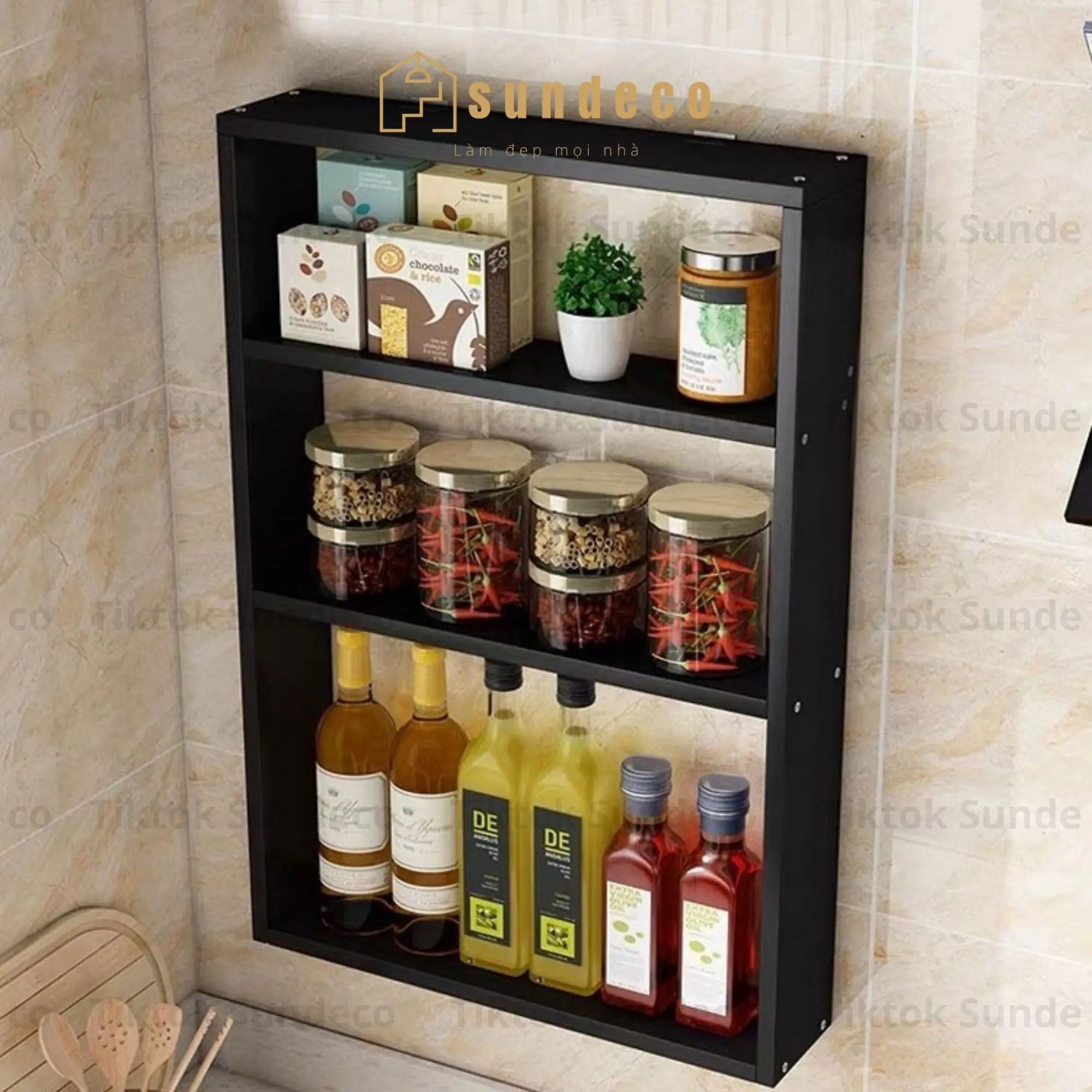 SUNDECO Kệ gỗ nhà bếp treo tường kệ gia vị 2 tầng 3 tầng gỗ MDF cao cấp nhập khẩu dễ lau chùi Lắp Ráp