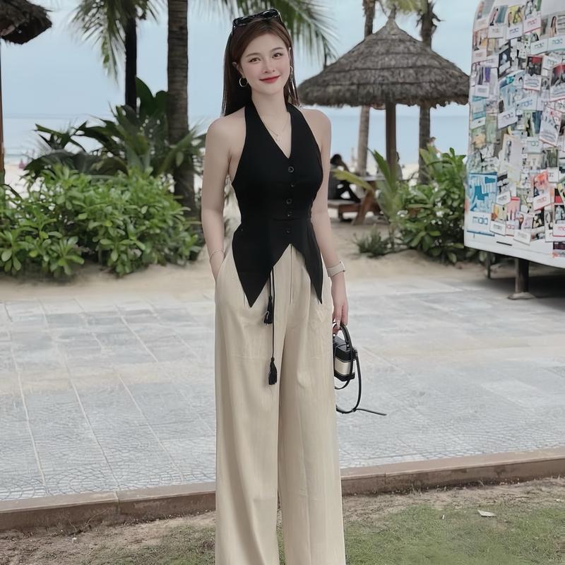 Sét áo cổ yếm vạt nhọn hở lưng phối quần dài ống rộng cực xinh Cá tính Năng động đi làm đi chơi đều được Top Nữ Women Máy giặt có thể giặt Ong
