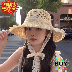 หมวกกันแดด ขอบลูกไม้ UPF50+ ดีไซน์กลวงและระบายอากาศได้ หมวกฟางปีกกว้าง สำหรับผู้หญิง เหมาะสำหรับชายหาดและริมทะเล หมวก ผู้หญิง แฟชั่น แดด