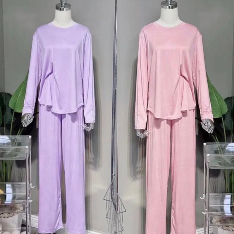 Bộ Thun Lạnh vạt bầu Tay Dài Quần Ống Rộng 45-75kg Nữ Women Ong Cotton Voi Áo Đen Sen set