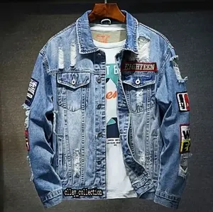 JAKET JEANS ROBEK BORDIR NEW motif distro  casual Pria  Panjang Cowok Keren Hitam Baju