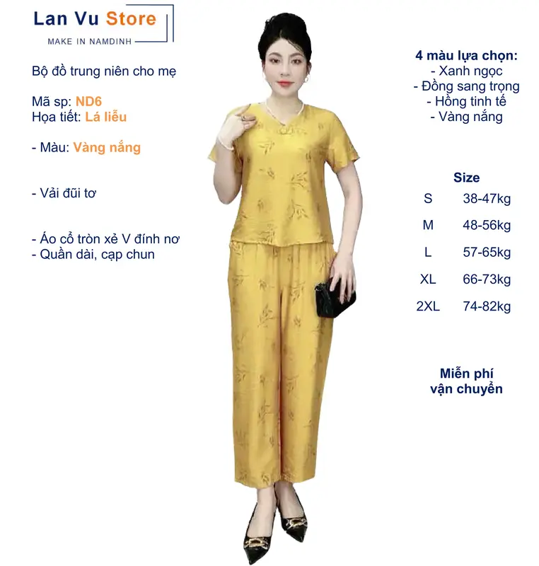 ND6 Bộ cho Mẹ, Bộ Trung Niên, Bộ mặc nhà, LANVU STORE Make in Namdinh, Họa tiết Lá liễu, Áo Cổ tròn xẻ V đính nơ, Quần suông dài 9 tấc có túi, Vải đũi tơ thoáng nhẹ Nữ Women Voi setdongu cute đồ macnha 3