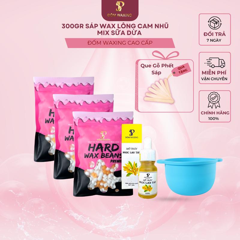  Combo Sáp Wax Lông Nóng Cam Nhũ Mix Sữa Dừa 300gr + Chén Silicon + Mỡ Trăn Ngọc Lan Tây 10ml ĐỐM WAXING Tặng Que CHE TÊN SẢN PHẨM 