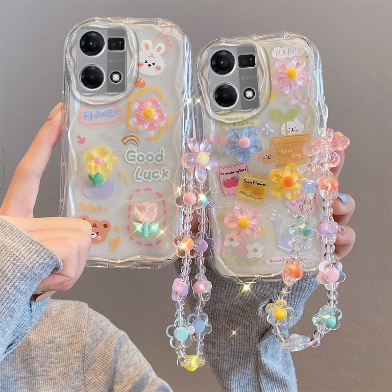 Vỏ silicon cho OPPO Reno 7, 4G, Ốp Điện Thoại , 3D, phim hoạt hình, hoa tulip, thỏ, động vật, Reno 7, Reno7, 4G, trong suốt, gợn sóng, viền kem, có dây buộc vòng đeo tay