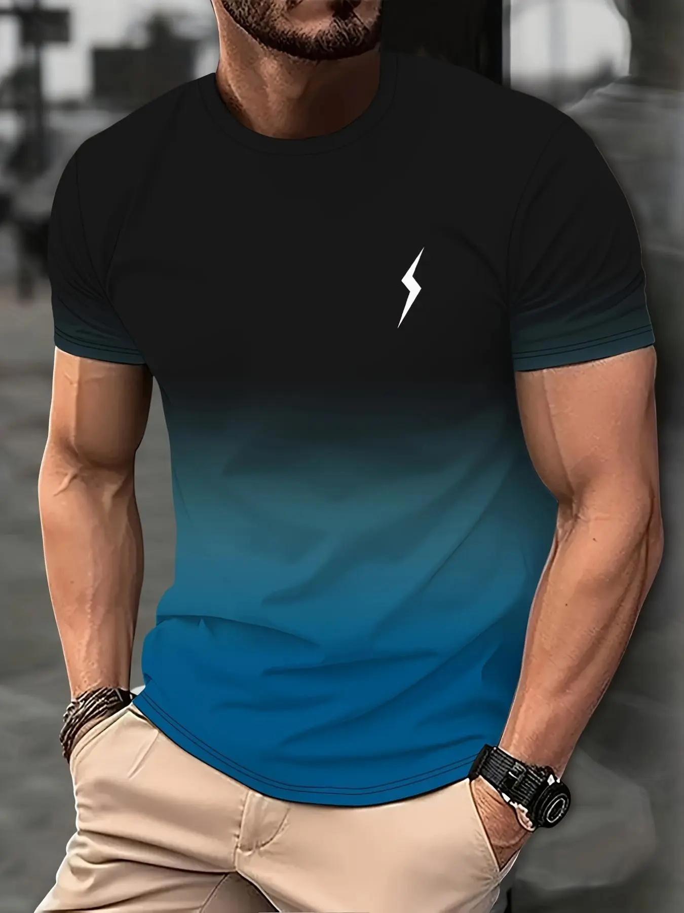 Men's Regular Fit Lightning Ombre Print Round Neck Tee, Casual Short Sleeve Crew Neck T-shirt for Summer, Fashion Men's Top for Daily Wear, Menswear