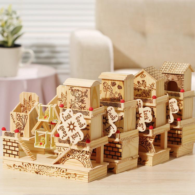 Three-Story Cottage Windmill Music Box Ornament Creative Desktop Decoration Wooden Eight Tones Student Couple Gift 1