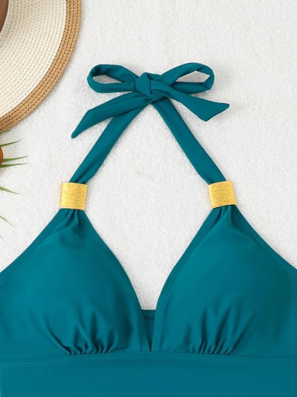Women's Solid Color Tankini Set, Removable Padded Swim Top & High Waist Swim Bottom, Ladies Swimsuit for Beach Holiday Vacation 5