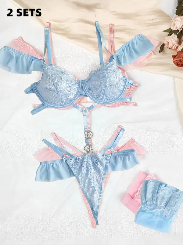 Women's Lace Sexy Lingerie Three-piece Set, Solid Color Push Up Bra & Thong & Stocking, Lingerie Set for Women 0