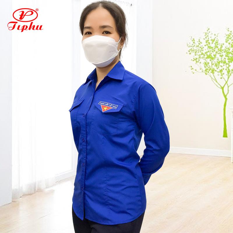 Áo sơ mi nữ, đồng phục đoàn viên thanh niên Việt Nam dành cho nữ có chiết 4 ben eo, tay dài và tay ngắn, thêu logo cờ đỏ sao vàng