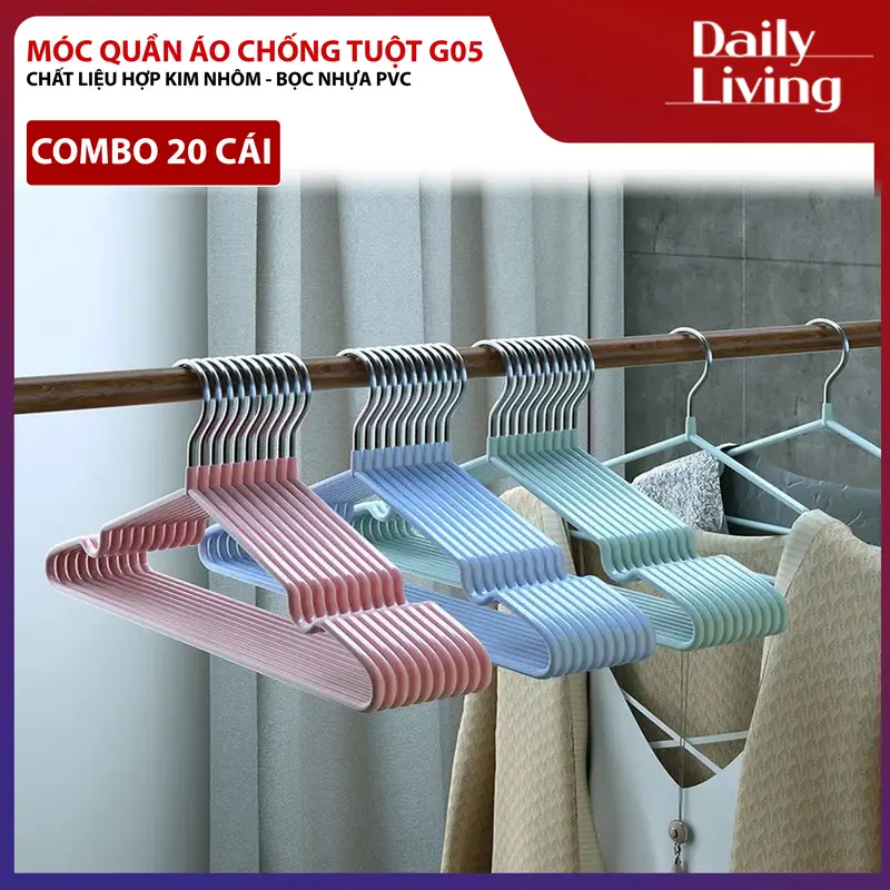 COMBO 20 Móc Treo Quần Áo Chống Tuột G05 Móc Nhôm Bọc Nhựa PVC Chống Trơn Trượt Chống Nhăn Quần Áo Khi Treo Tiện Lợi Nhiều Màu Sắc 0