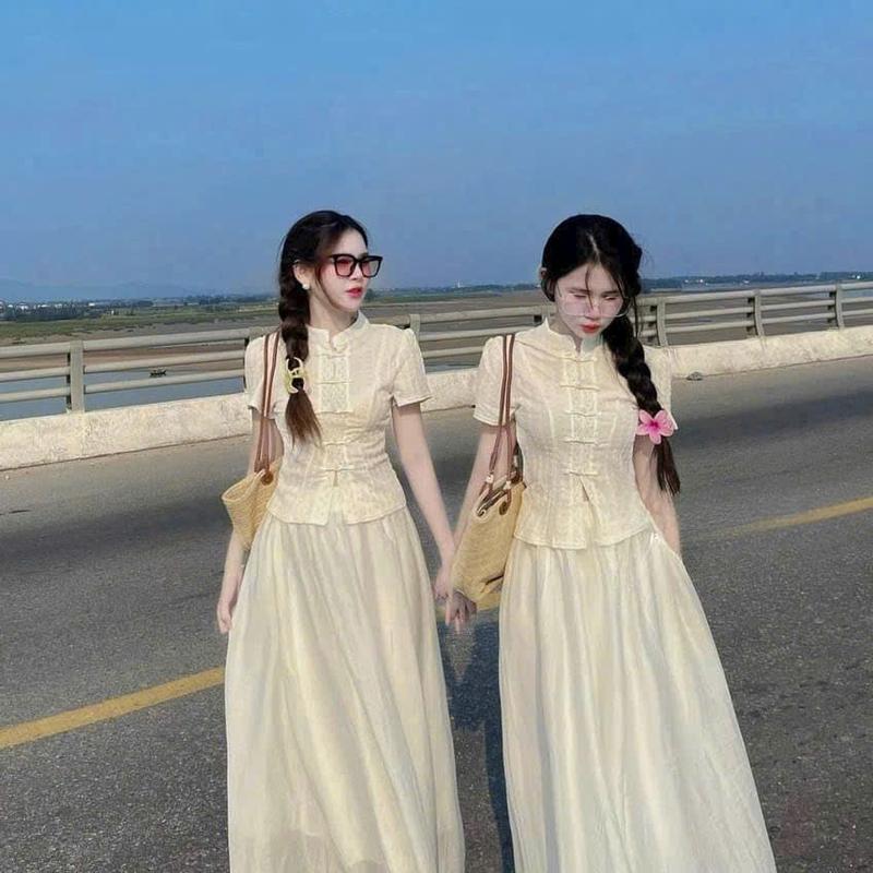 Sét Áo Cổ Tàu Nút Gài + Chân Váy Voan Chinfon (Có lót) Nữ