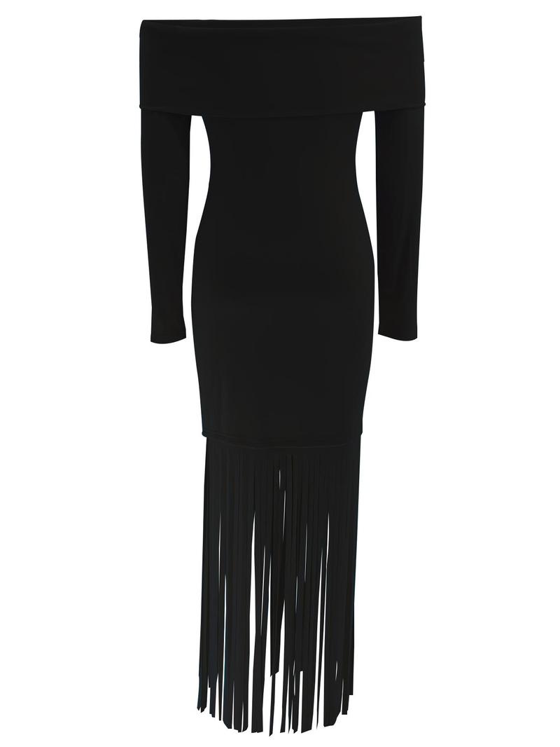 Product Introduction of Women's Off The Shoulder Fringe Trim Bodycon Dress, Elegant Long Sleeve Dress for Party Club Dating Wear, Women's Clothing for Spring & Fall 7