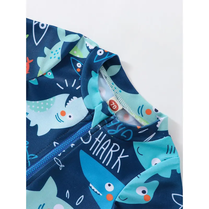 Áo Tắm Mùa Hè, Cho Bé Trai, Phong Cách Thường Ngày In Hình Cá Mập, ngắn Tay, Áo Jumpsuit Quần Có Khóa Kéo, Đồ Bơi, Đồ Đi Biển 3