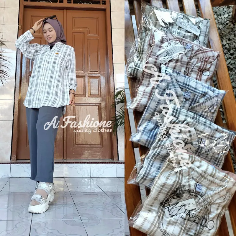 One set wanita terviral bahan airflow motif setelan hijaber kekinian ootd  2023 Cokelat Kombinasi 1