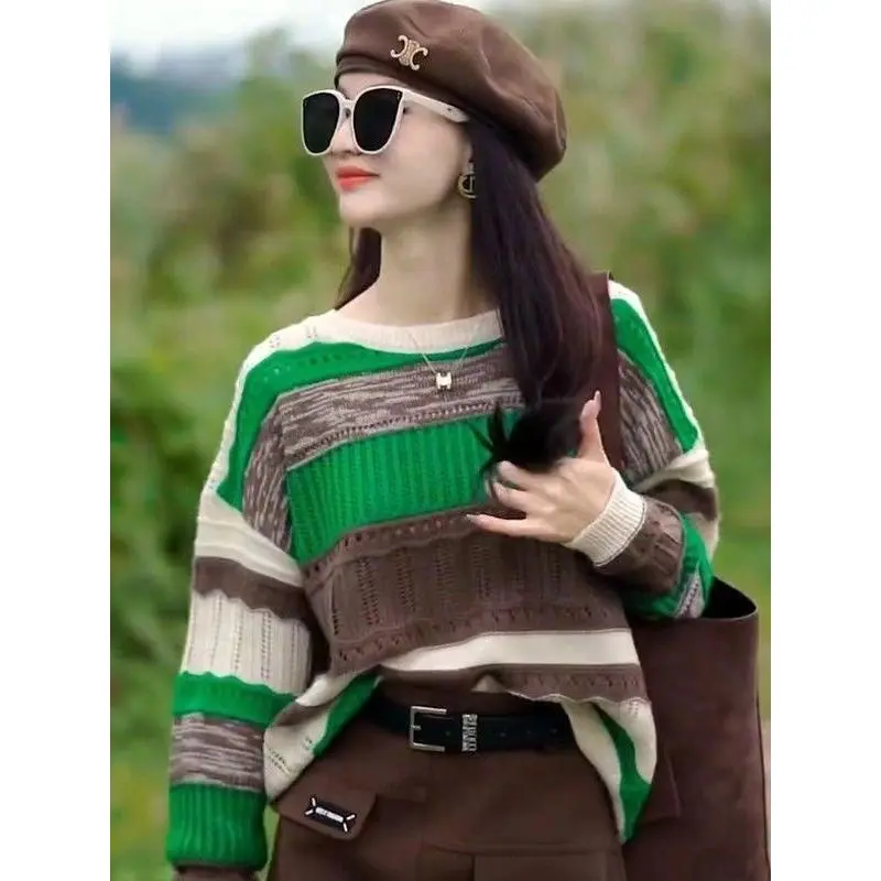 Áo Len Dệt Kim Nữ, Dài Tay, Dễ Phối Đồ Thiết Kế Sọc Khối Màu