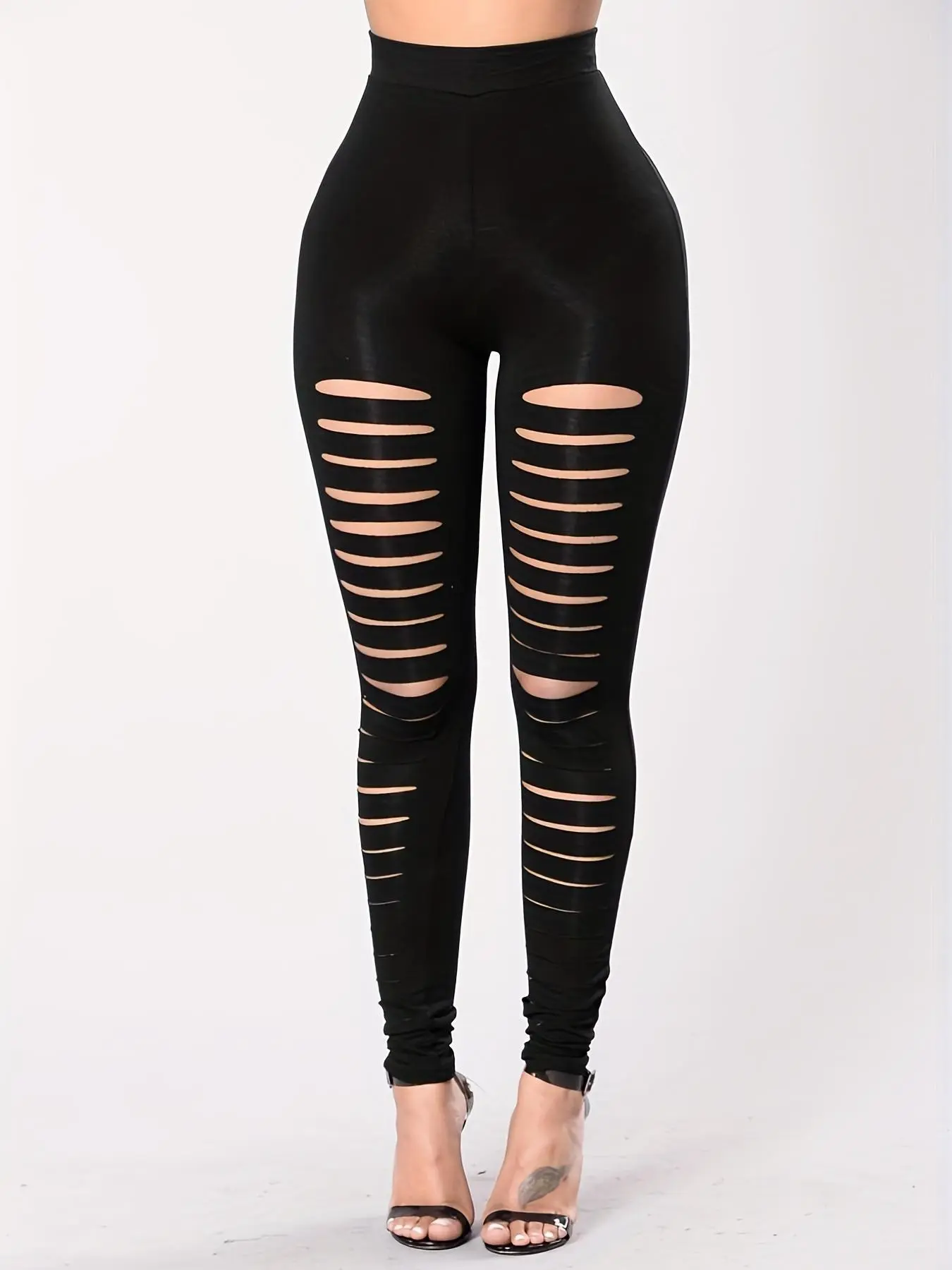 Women's Black Cut Out High Waisted Leggings, Casual Punk Trendy Comfort Seamless Stretchy Skinny Pants, Lady Latina Forbidden Bottom Trousers for Spring & Fall, Womenswear