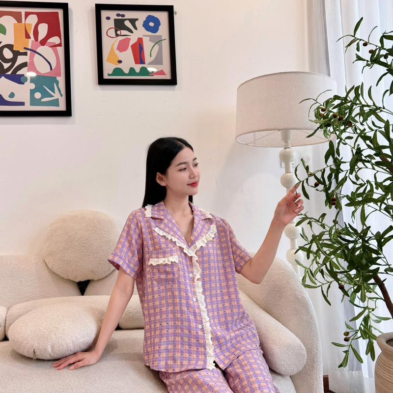Bộ mặc nhà nữ caro tím tay ngắn Ms 2666 1