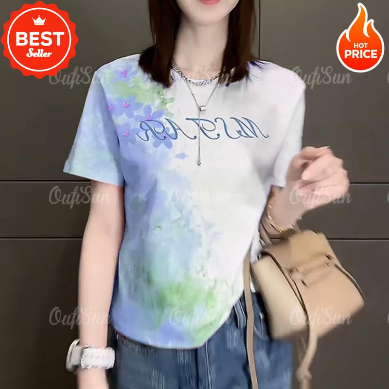 Áo Thun Phong Cách Hàn Quốc, Dành Cho Nữ, Chất Liệu Cao Cấp, Tay Ngắn, In Họa Tiết Hoa Thời Trang Và Tinh Tế, Thích Hợp Cho Quần Áo Mùa Xuân Và Mùa Hè 5