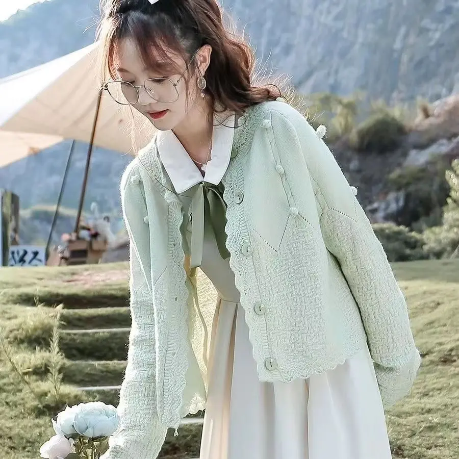 Đồ Len Màu Xanh Lá Cây Nhạt, Thiết Kế Nghệ Thuật Cổ Điển Áo Cardigan Nhỏ Áo Khoác Ngắn Thường Ngày Dành Cho Nữ, Hàng Mới Về Mùa Xuân 2024
