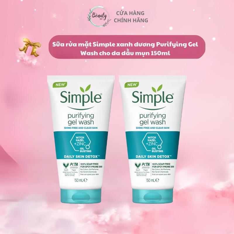 Combo 2 chai Sữa rửa mặt Simple xanh dương Purifying Gel Wash cho da dầu mụn 150ml Skincare Gel Rửa Mặt Dưỡng Da Mặt Cleanser Nữ Women