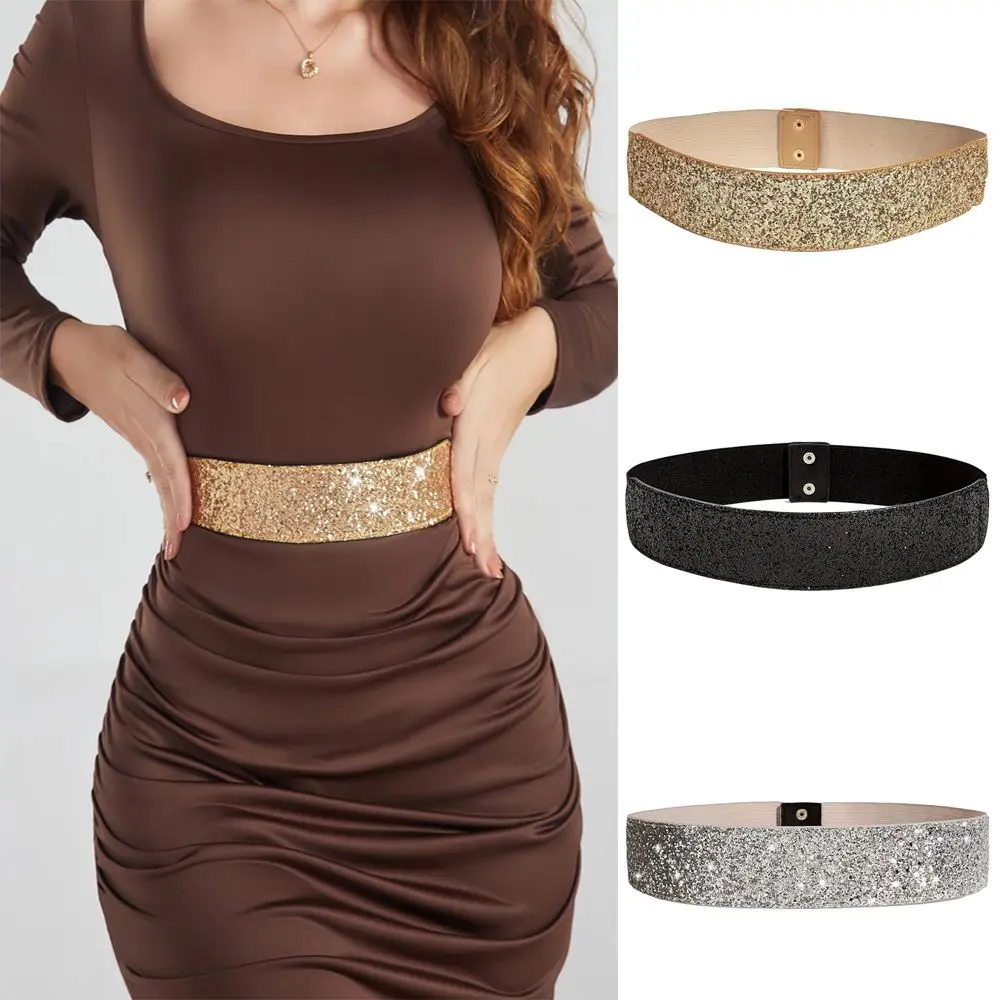 Thắt Lưng Kim Cương Giả Chất Lượng Cao, Màu Trơn Lấp Lánh, Thắt Lưng Váy Co Giãn, Sáng Bóng, Thắt Lưng Dự Tiệc Rộng, Dành Cho Nữ