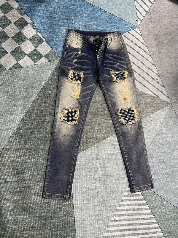 Quần jean xanh đậm rêu nâu đính đá miếng vá thêu viền bản  mã 6775 đính đá Nam Menswear