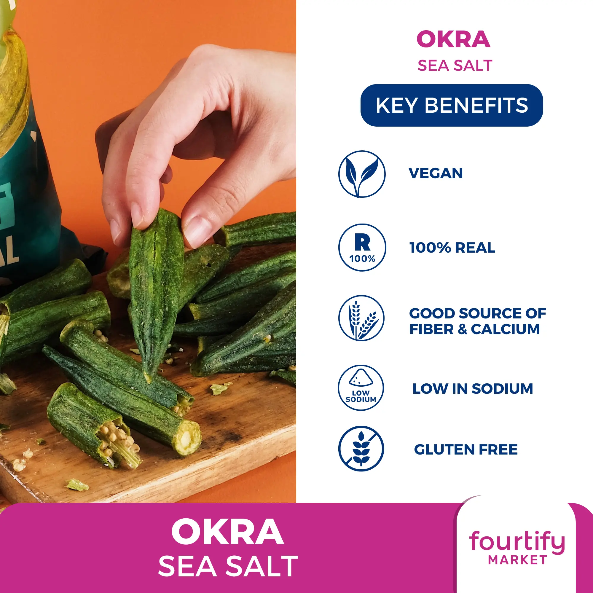 Founding Farmers Okra Veggie Crisps in Sea Salt 70g | Vegan, No Cholesterol, Fiber Source