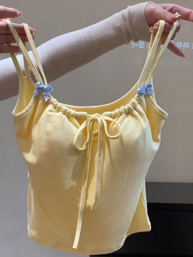 Product Introduction of 2025 [Store Hot Sale] Pure Desire Hot Girl Bowknot Strap Vest for Women with Chest Pads Slim Fit Slimming Inner Wear Outer Wear Sweet Sleeveless Top Summer 5