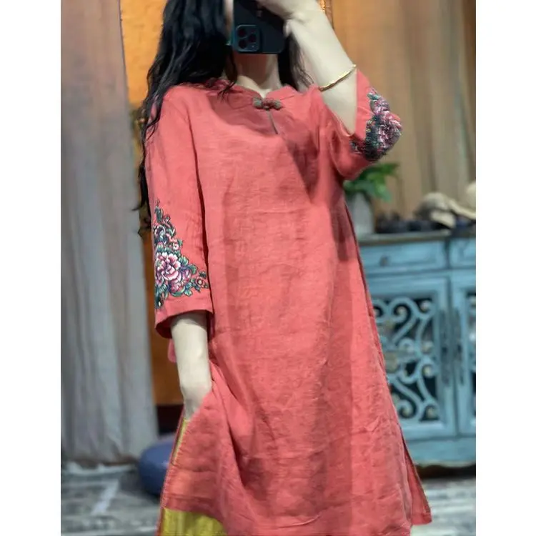 Váy Cotton Và Vải Lanh Cho Nữ, Thêu Nghệ Thuật Retro, Phong Cách Dân Tộc Mới, Ếch Trung Quốc, Tay Áo Ba Phần Tư, Sườn Xám Và Váy Phong Cách Trung Quốc, Mùa Hè