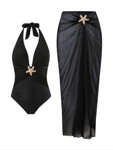 Conjunto de traje de baño de una pieza y falda de playa con decoración de estrella de mar en color sólido para mujer, traje de baño casual de moda con amarre atrás para vacaciones en la playa, traje de baño para damas para todas las estaciones