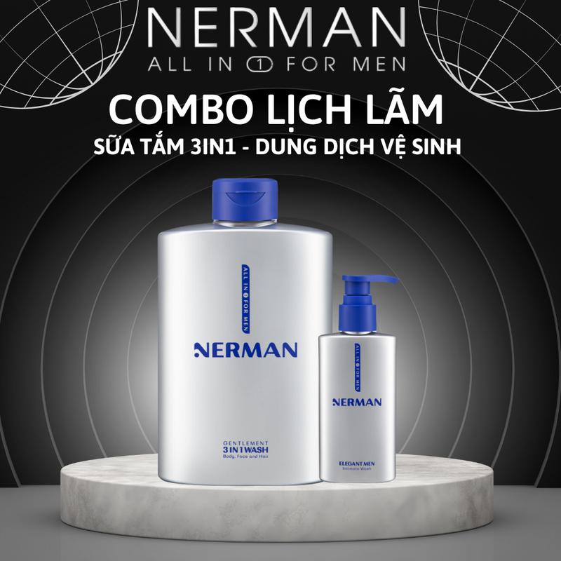 Combo sữa tắm nam 3in1 Nerman 350ml và dung dịch vệ sinh nam Nerman 100ml, hương nước hoa Pháp cao cấp