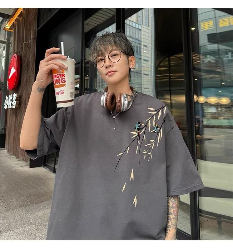 Product Introduction of Popular fashion bamboo print loose T-shirt cotton print short sleeve plus size tee for men 24