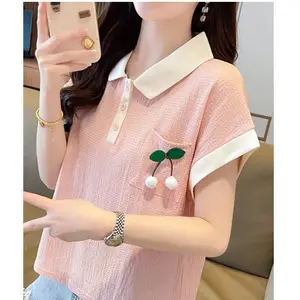 Atasan Wanita Dewasa Kerah Kancing Cerry Saku Lengan Pendek Gaya Baru