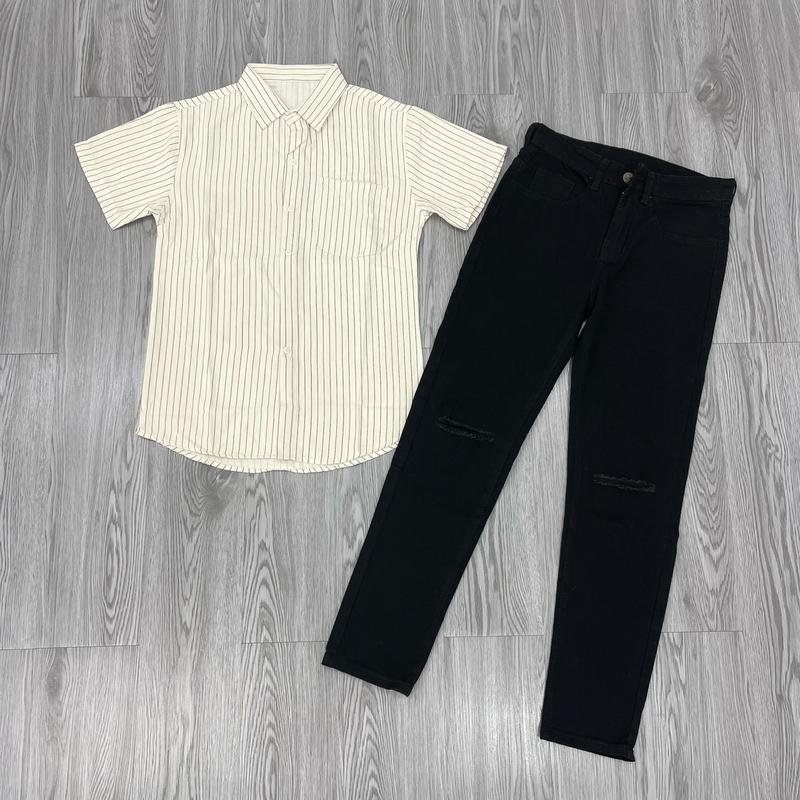 Combo Áo Sơ Mi TAY NGẮN Nam Kem Sọc Đen Phối Quần Jean Nam Rách Gối 50