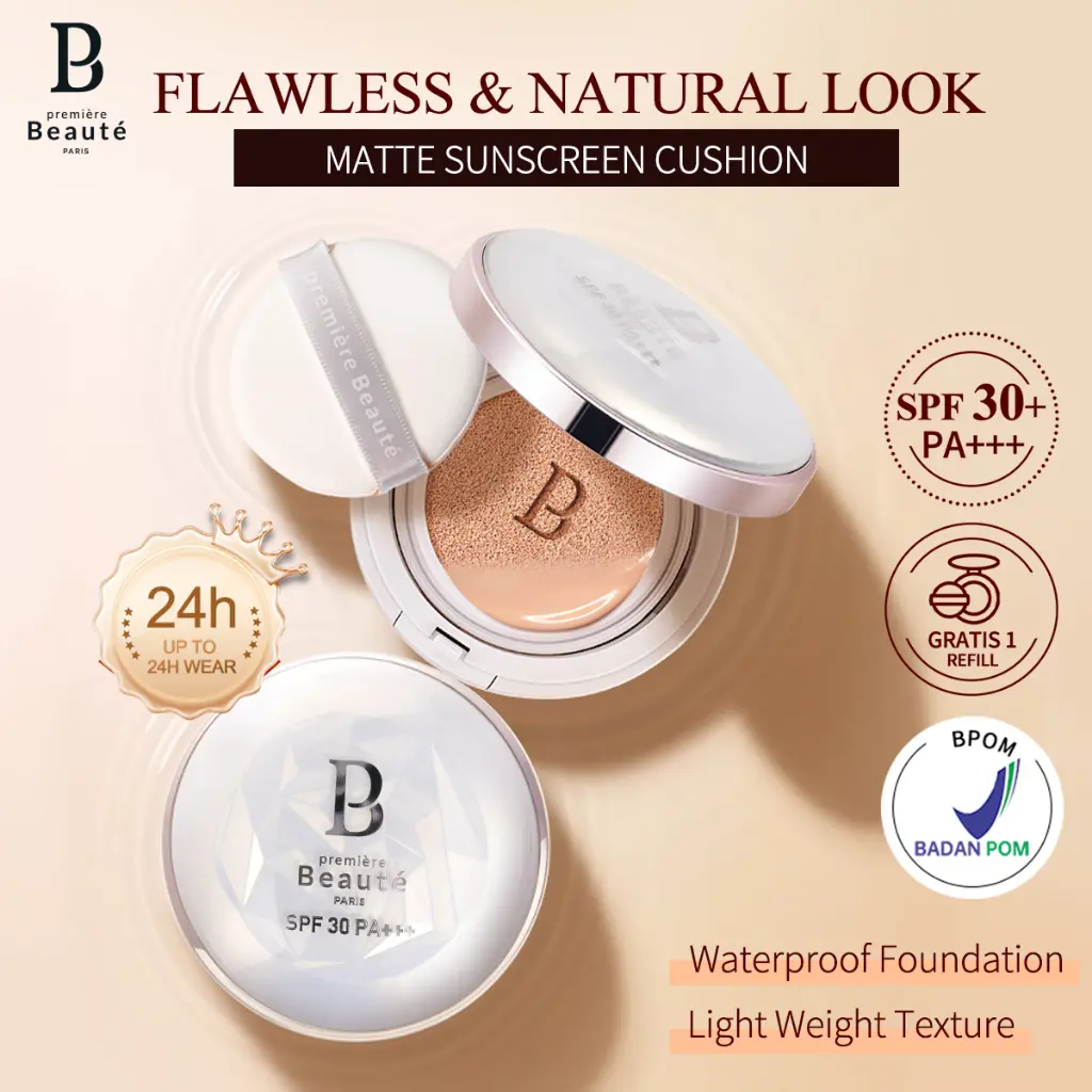 [Ready Stock][BPOM]PREMIERE BEAUTE SUNSCREEN CUSHION SPF 30 PA+++ High Coverage Poreless&Flawless Foundation 24H Long-lasting ORI Kontrol Minyak Pengecil Pori-pori Matte