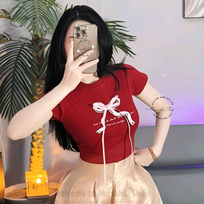 Áo Thun Croptop Thun Borip Form Basic Ôm Body In Chữ & Nơ Đính Phụ Kiện Nơ Dài (New), Size S M L, Áo Croptop Ôm Body Nữ Áo Kiểu Xinh Đẹp In Hình Độc Lạ Đi Biển Đang Hot 2025 Mặc Hè Mặc Nhà Mặc Đi Chơi Thoải Mái Có Bigsize Đến 65kg